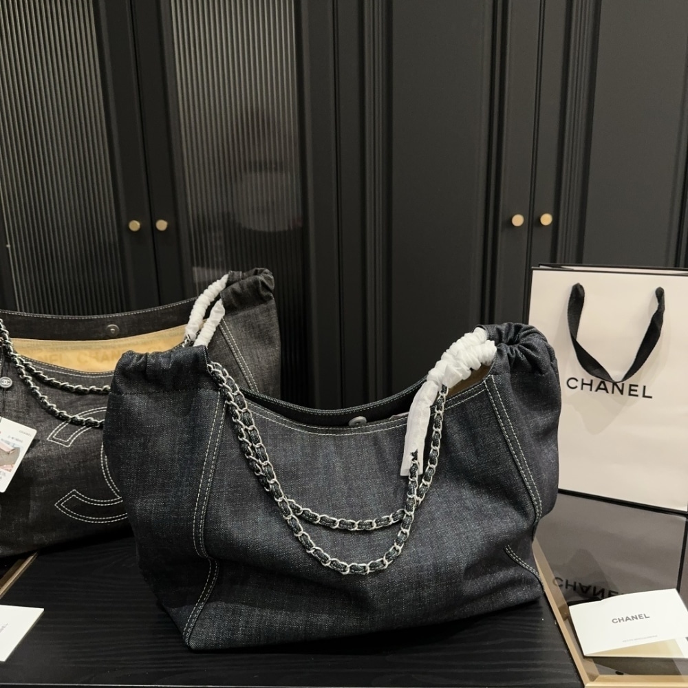 Chanel Large Tote Bag Black Denim Chain Strap 36Cm