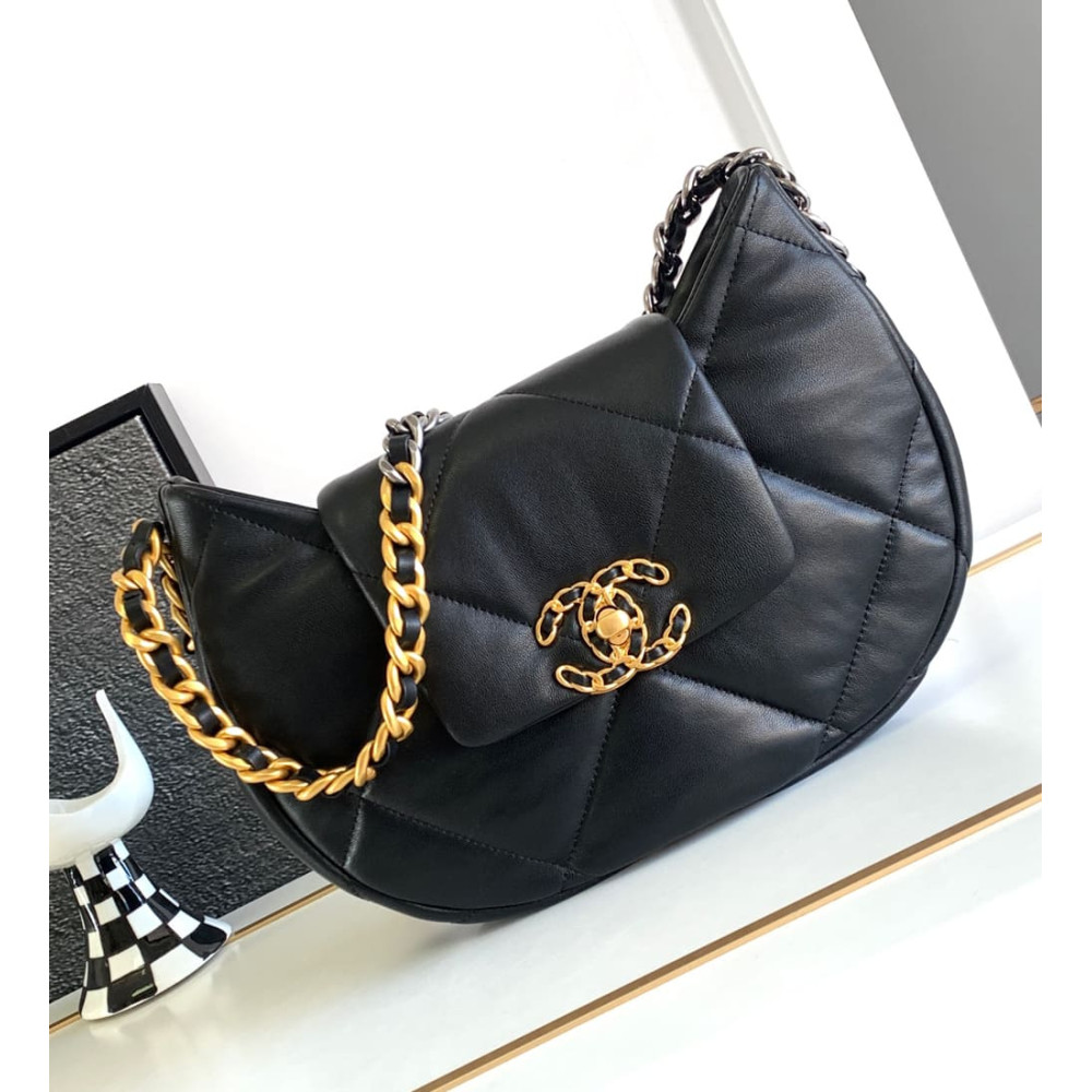 Chanel 19 Hobo Bag Black Quilted Lambskin 24cm