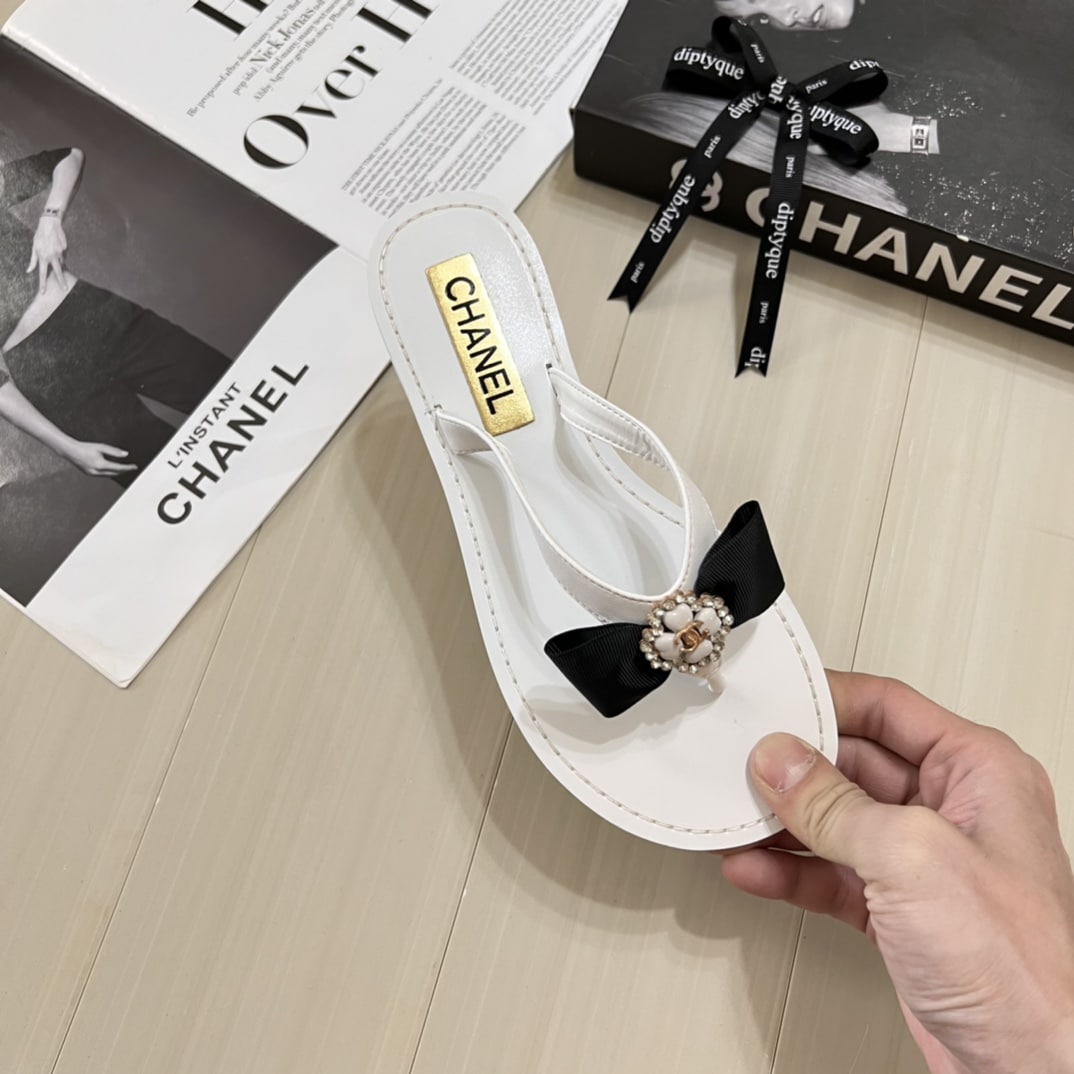 Chanel Thong Slide White Camellia Cc Logo Bow White