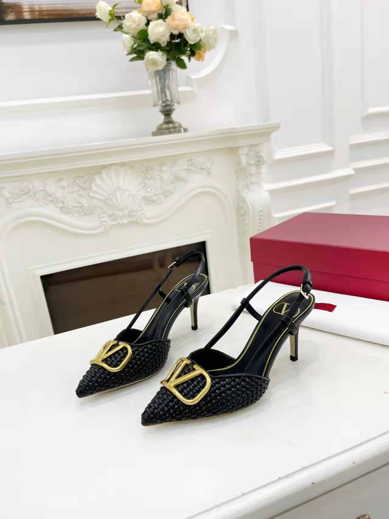 Valentino Garavani Vlogo Woven Leather Slingback Pumps Black