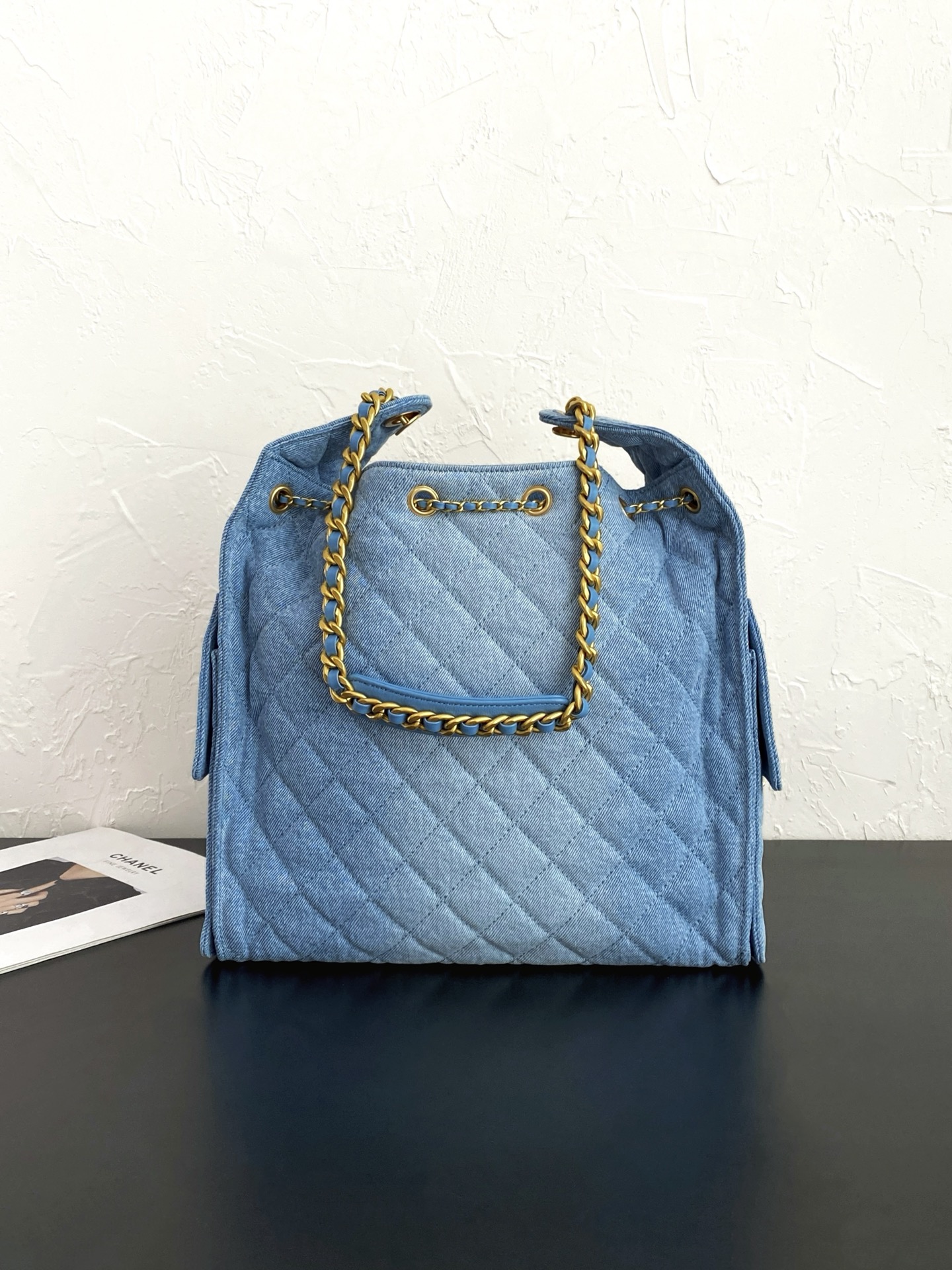 25C Small Hobo Bag in Light Blue Washed Denim with Antique Gold Hardware