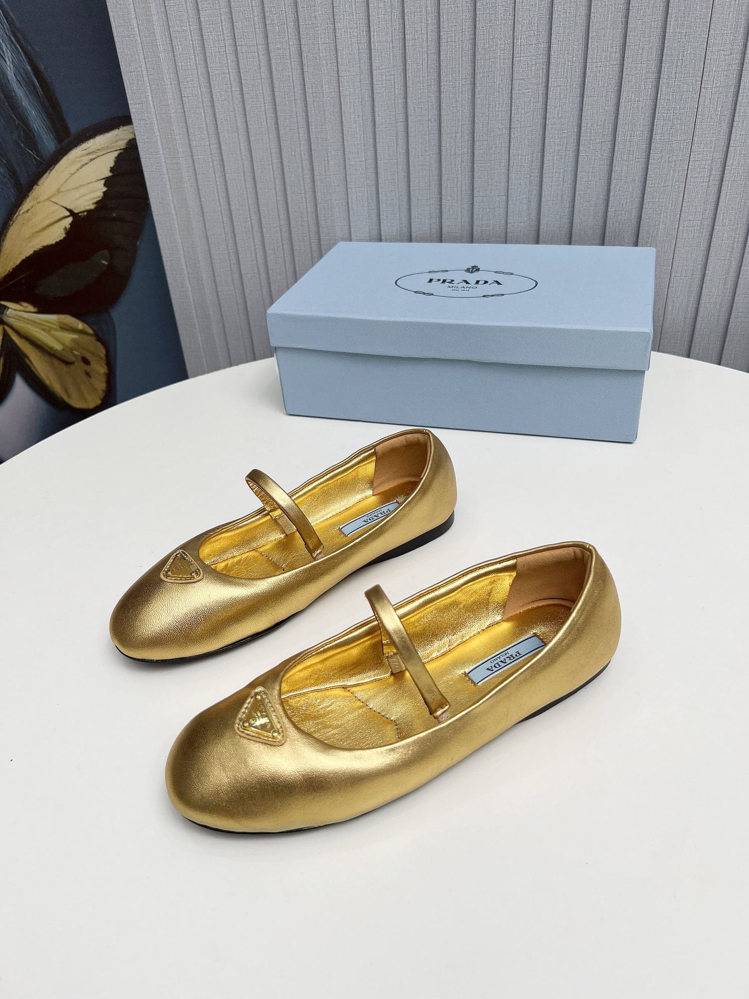 Prada Soft Padded Nappa Leather Ballerinas Gold