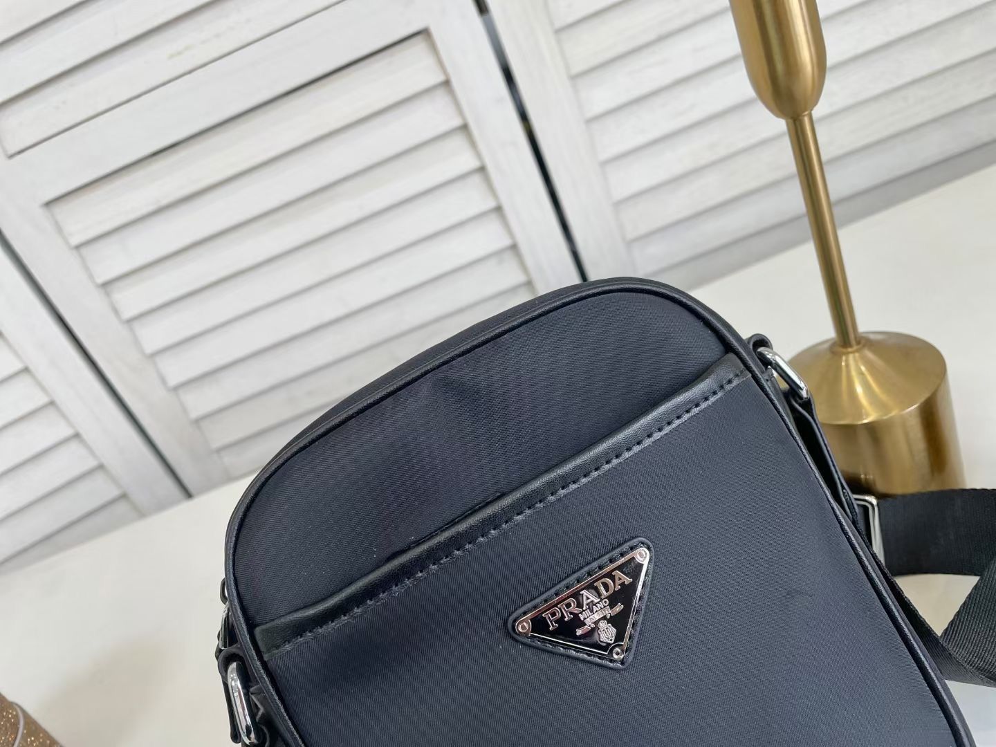 Prada Re Nylon Saffiano Logo Leather Bag Black 21Cm