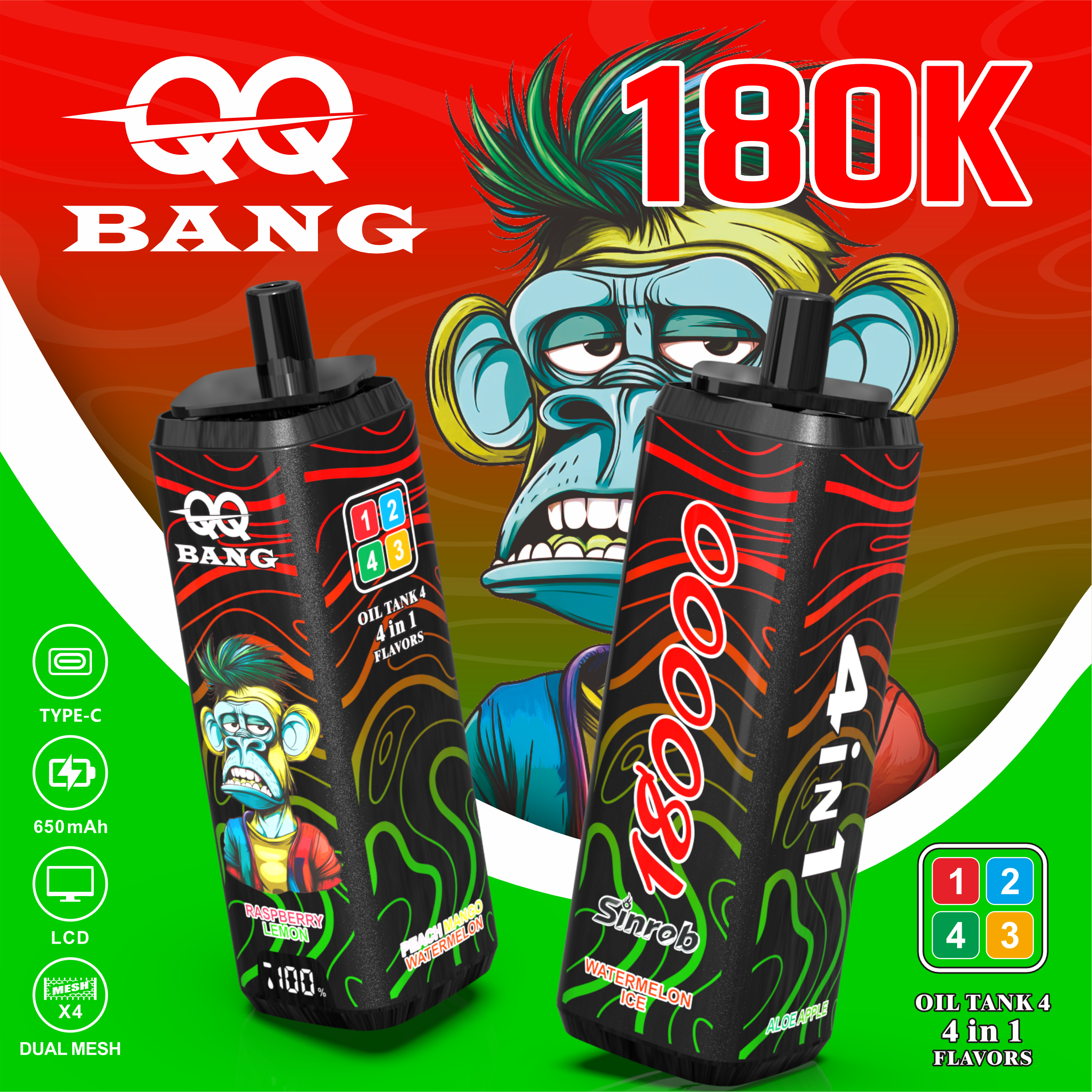 QQ BANG 180K Puffs Prefilled Hookah Vape |  Rechargeable