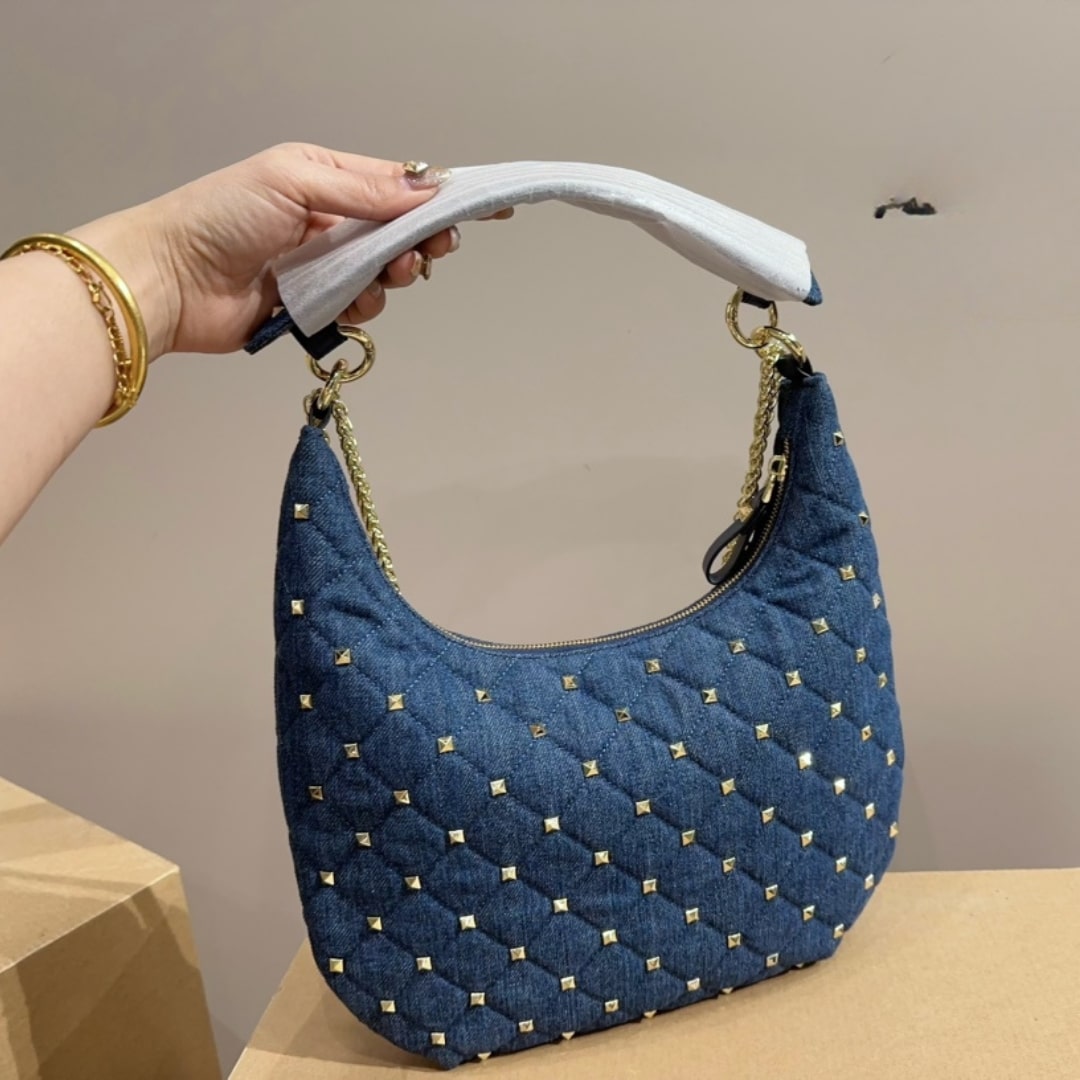 Valentino Garavani Rockstud Spike Denim Hobo Bag In Denim Blue 28Cm 3W2B0M32Bmk