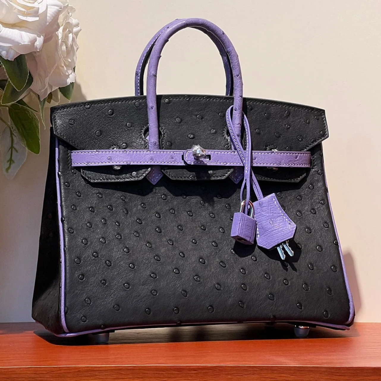 KELLY SELLIER 25 BAG IN BLACK MIX AMETHYST PURPLE OSTRICH LEATHER (MADE - TO - ODER)