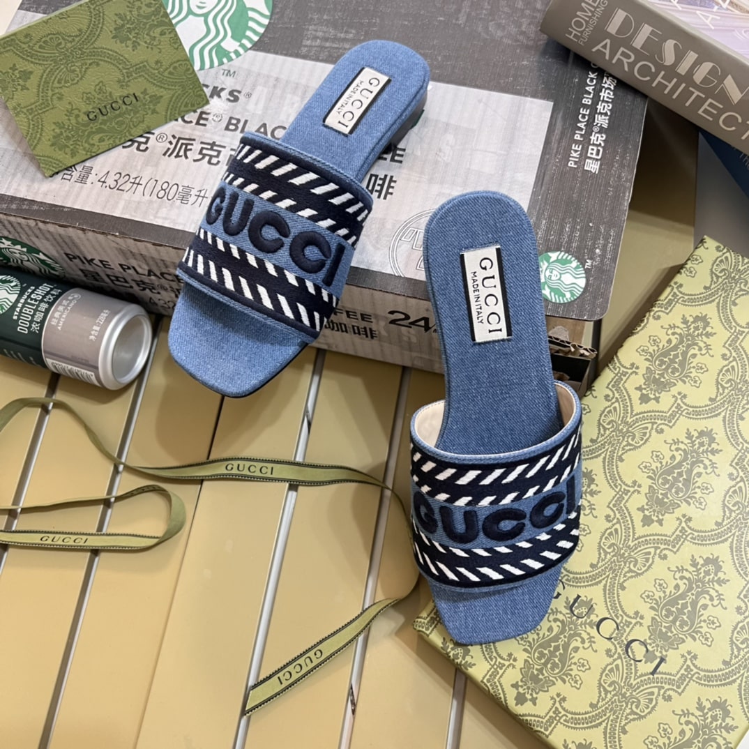 Gucci Women’S Slide Sandal With Gucci Script Light Blue Denim 771589 Fack3 4609