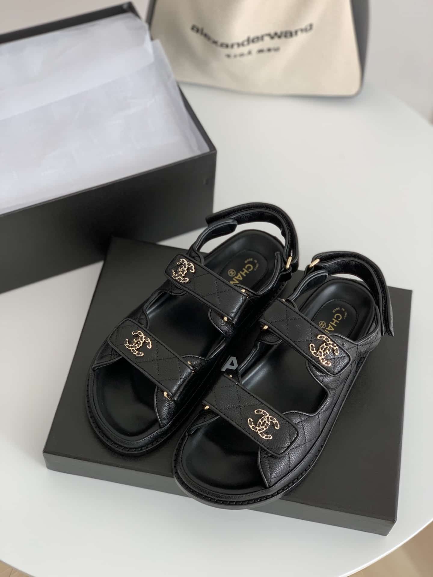 Chanel Cc Button Velcro Black Sandals Grained Calfskin Leather