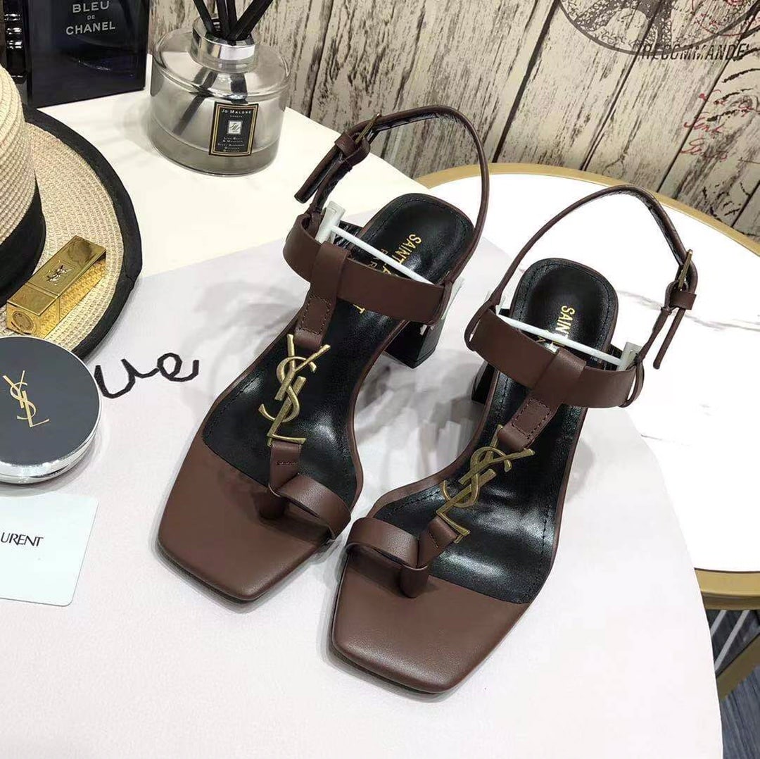 Saint Laurent Cassandra Leather Slingback Sandals Brown