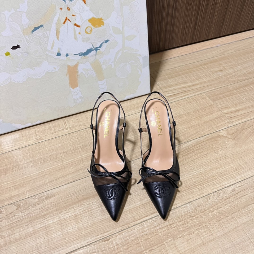 Chanel Cc Leather Pointy Toe Pumps Slingbacks Sandals Black
