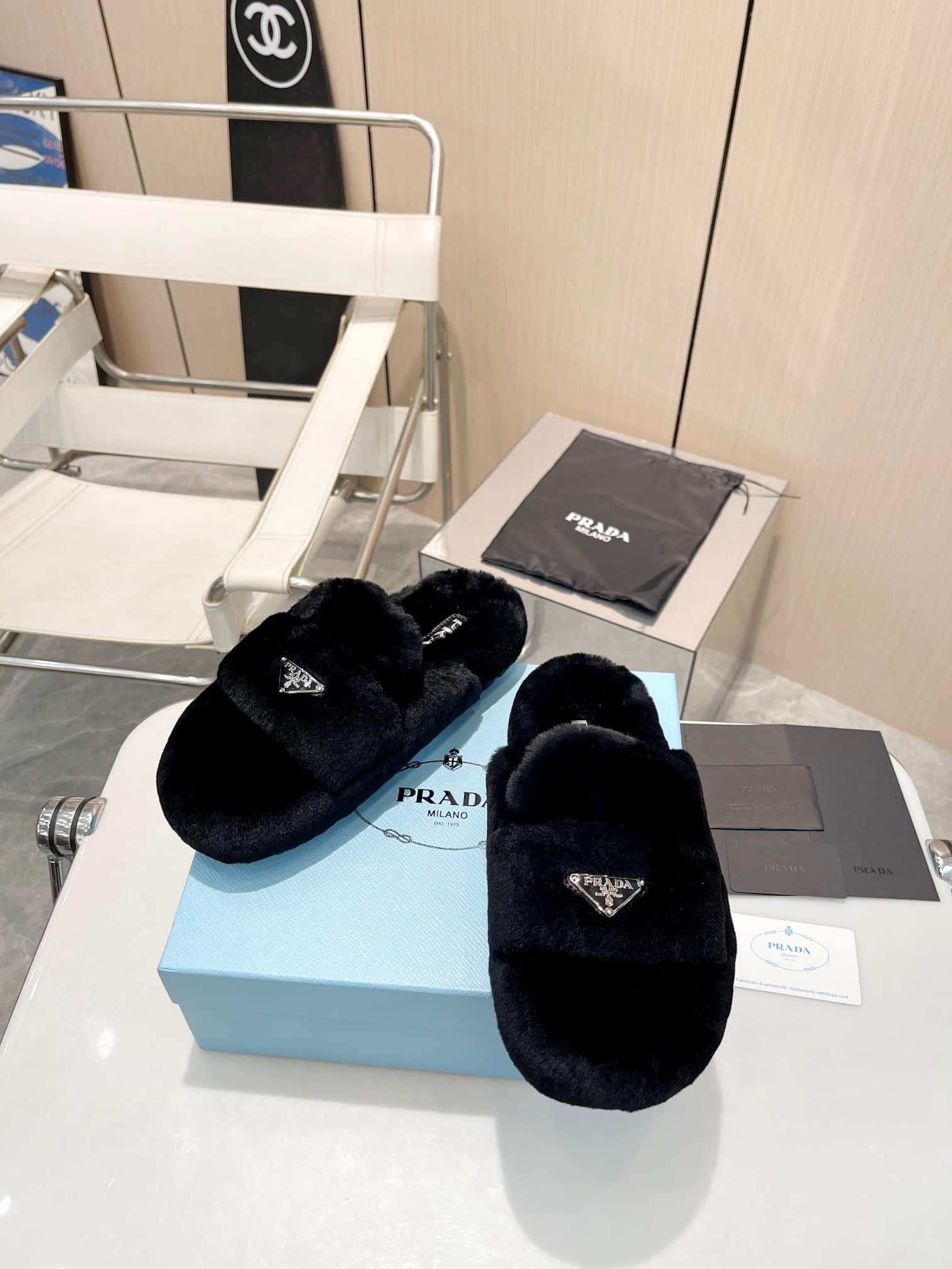Prada Shearling Sabots Black