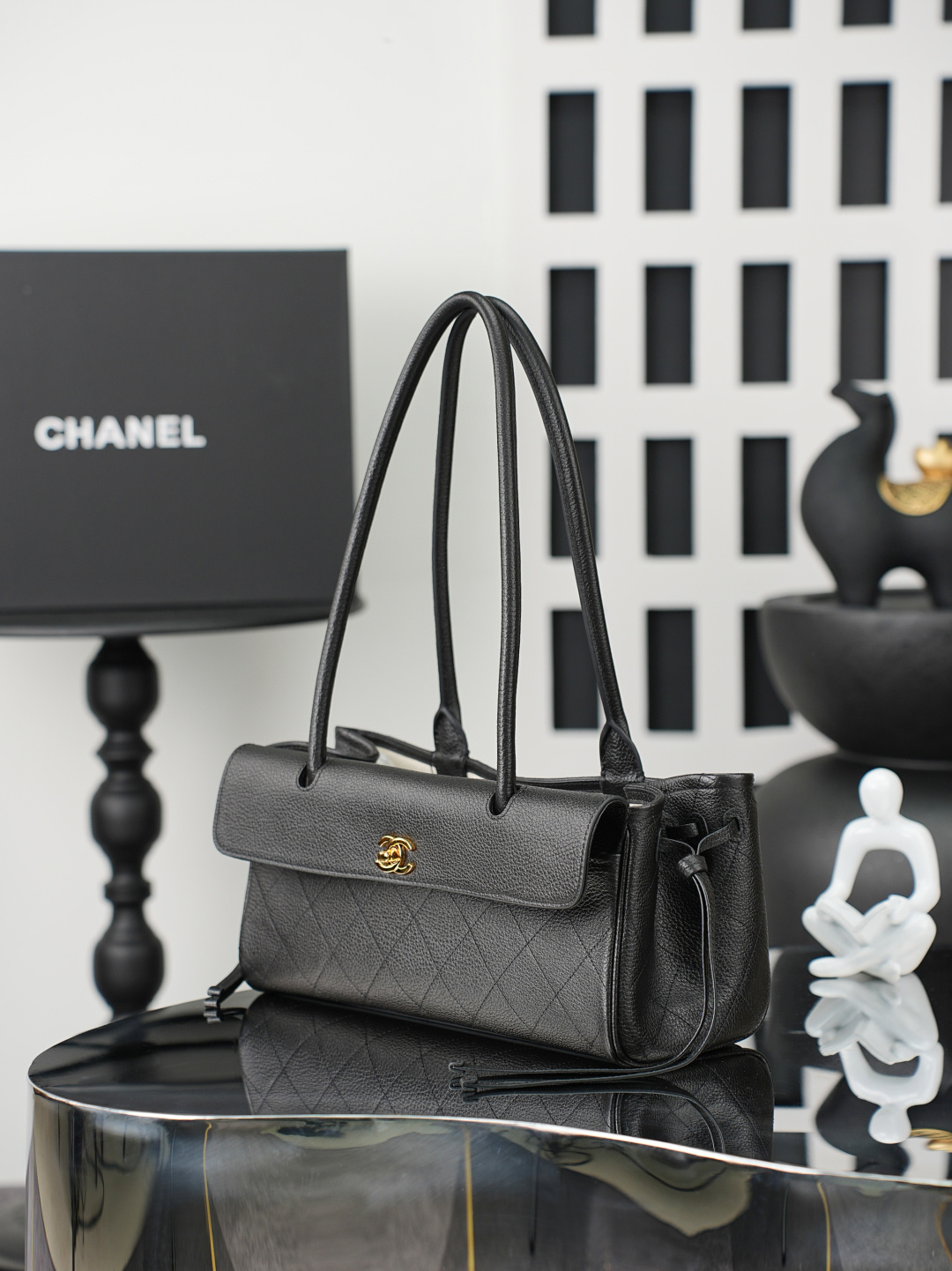 Spring-Summer 2026 Black Quilted Caviar Leather Baguette Shoulder Bag with Gold-Tone CC Turn-Lock Hardware & Long Handle