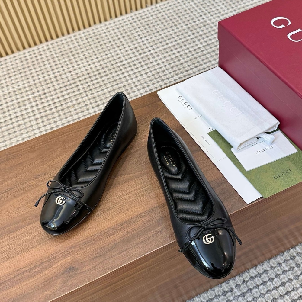 Gucci Women Ballet Flat With Double G Black Leather ‎835805 Bnc80 1000