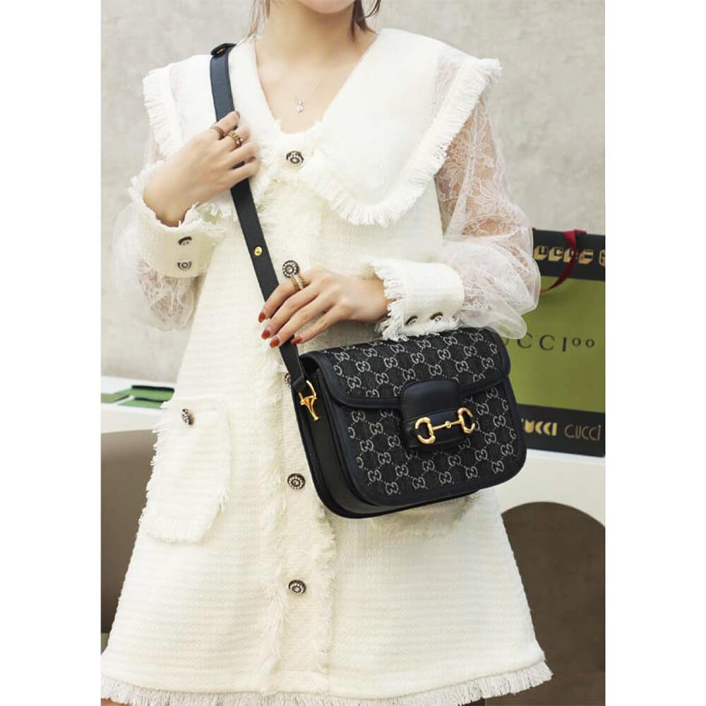 Gucci Horsebit 1955 Denim Shoulder Bag Black