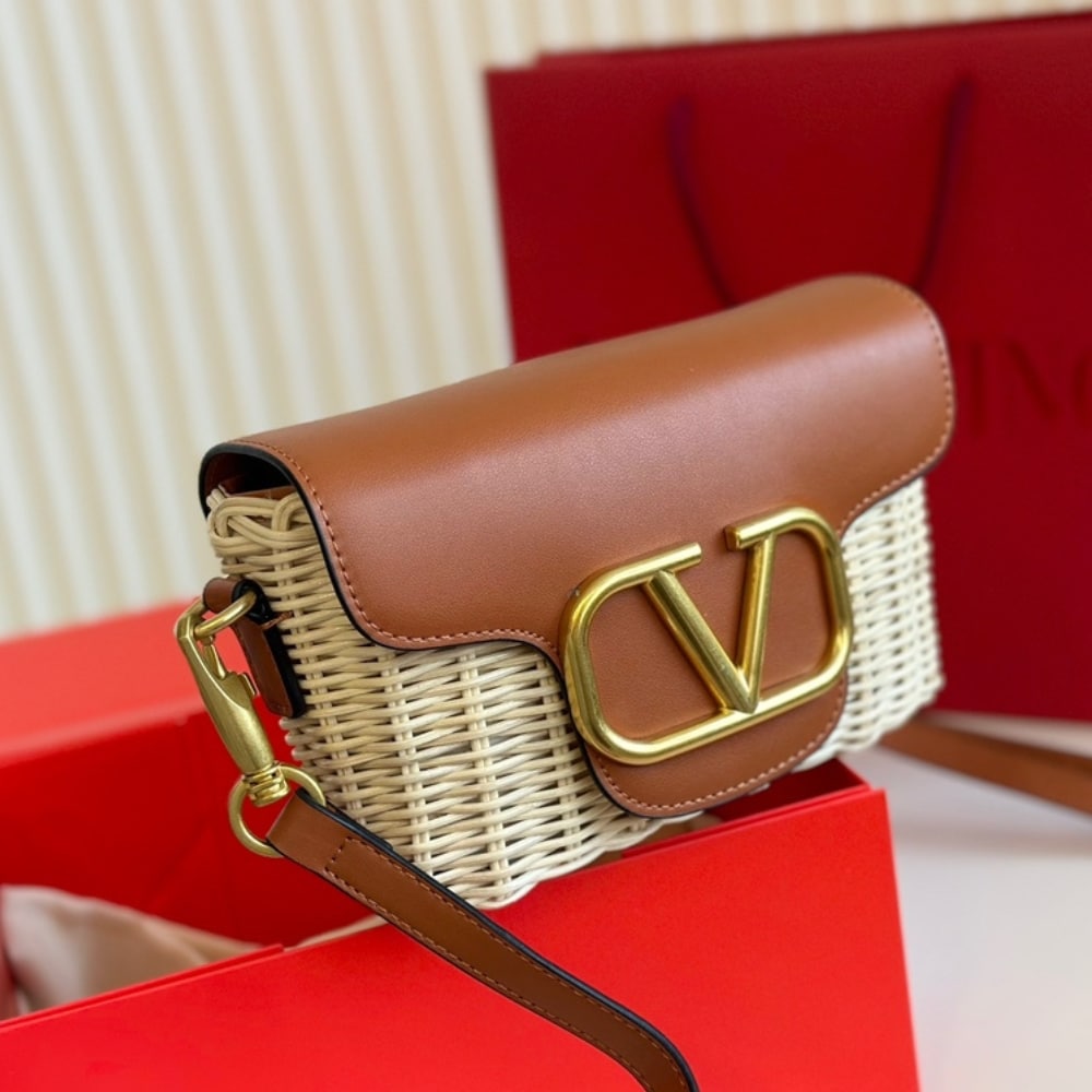 Valentino Loco VLogo Flap Straw Shoulder Bag Brown 18Cm