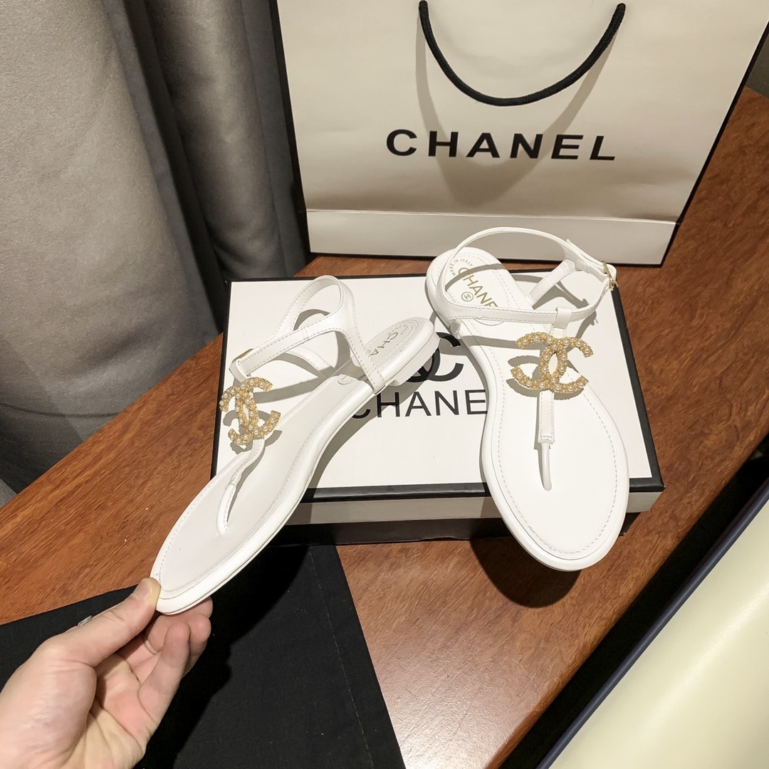 Chanel Gold Pearl Cc Logo Thong Sandals White