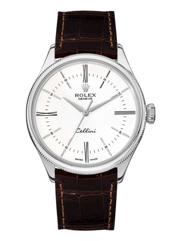 【Super Clone】Rolex Cellini Time 50509 Brown Leather Strap White Dial 39mm Mens Replica Watch