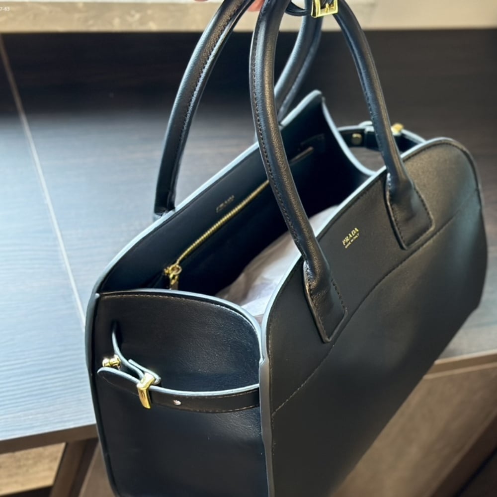 Prada Large Leather Tote Bag With Buckles Black 32Cm