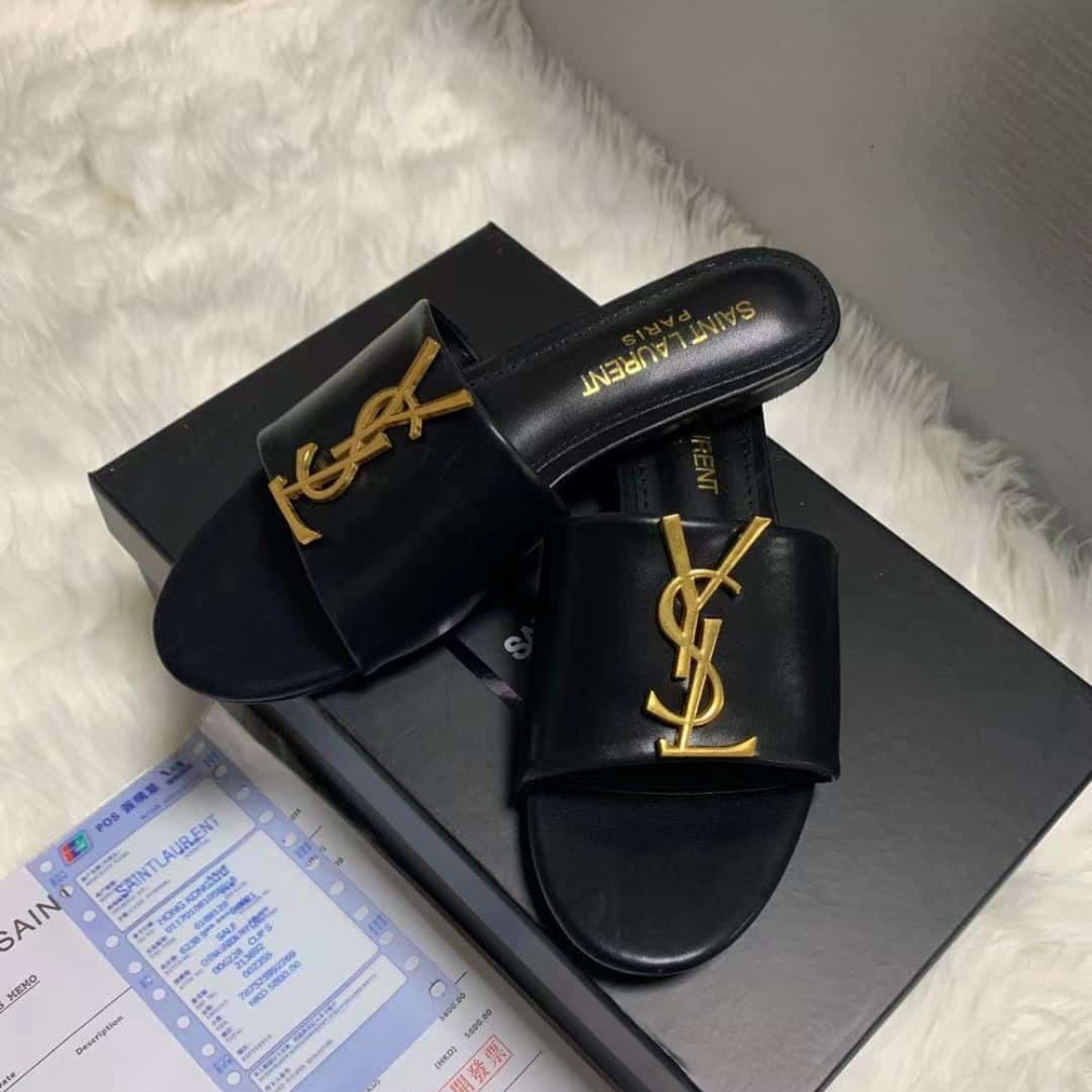 Saint Laurent Logo Slippers Black