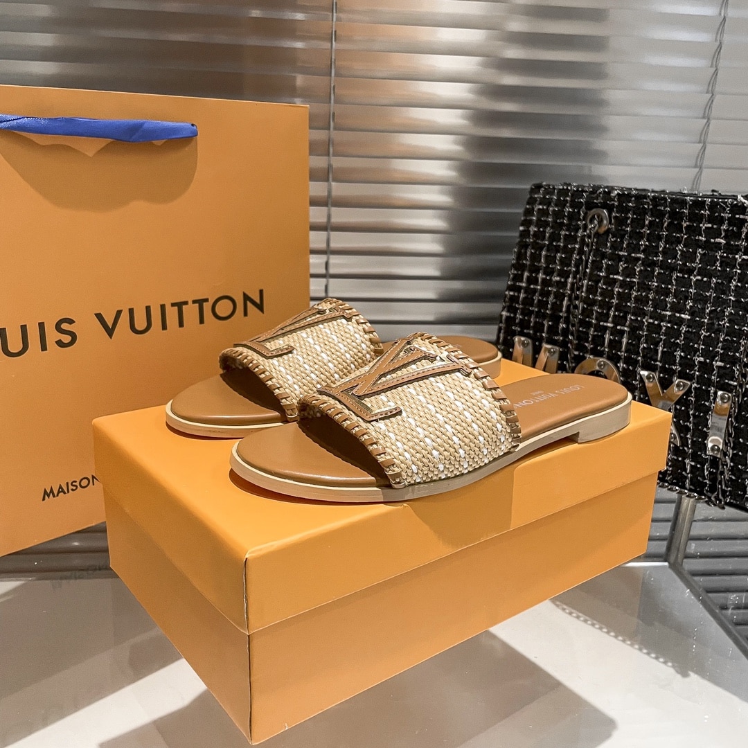Louis Vuitton Lock It Flat Raffia Mules Brown