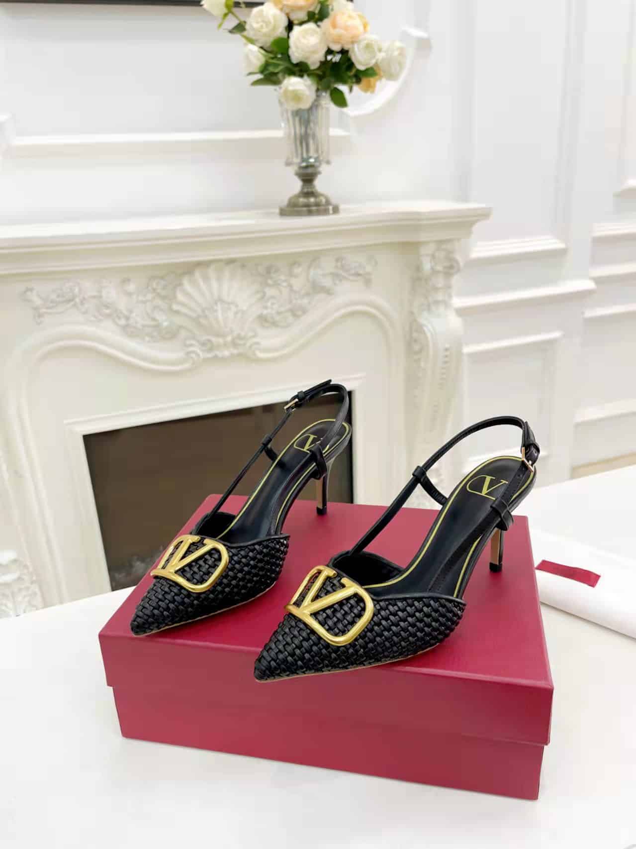 Valentino Garavani Vlogo Woven Leather Slingback Pumps Black