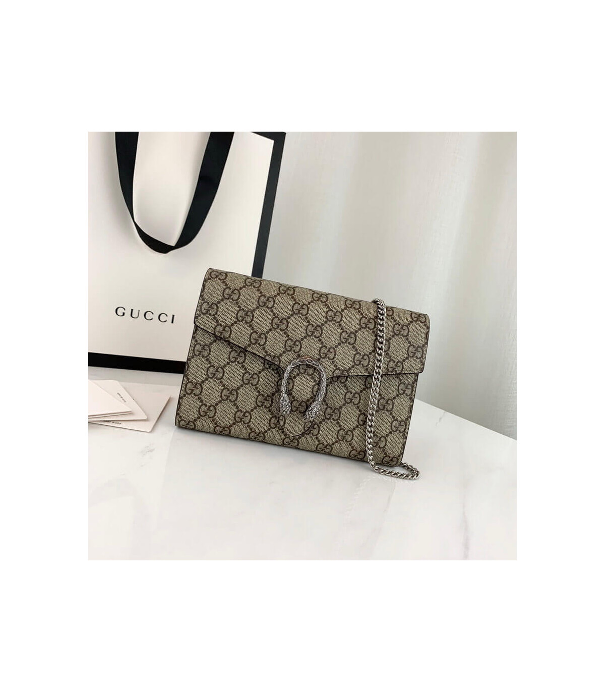 Gucci Dionysus GG Supreme Chain Wallet Beige 20cm