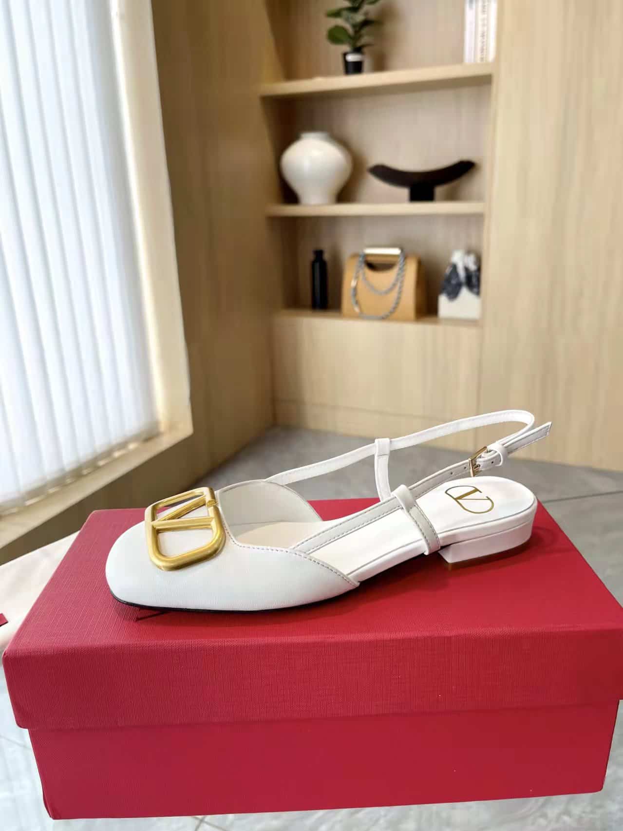 Valentino Garavani V Logo Leather Slingback Flats White