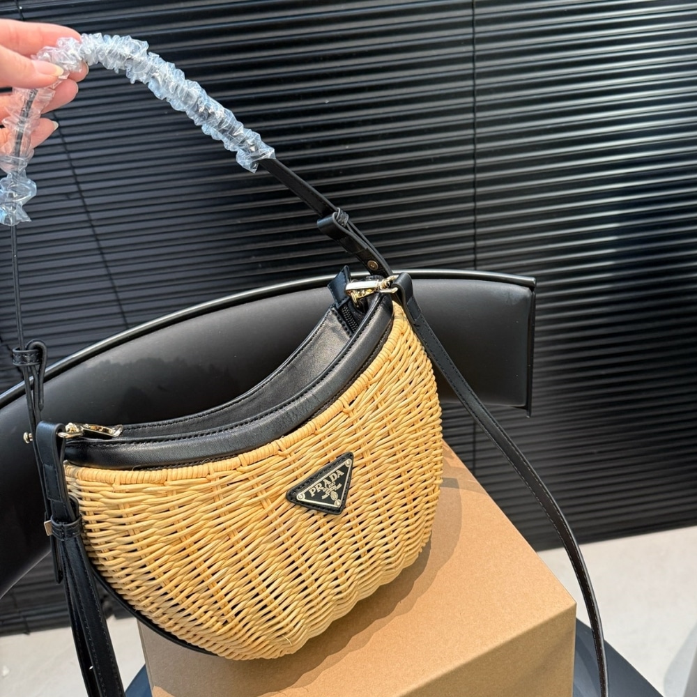 Prada Wicker And Leather Arqué Bag Black 22Cm 1Bc202 2Cyf F0I55 V Ooo