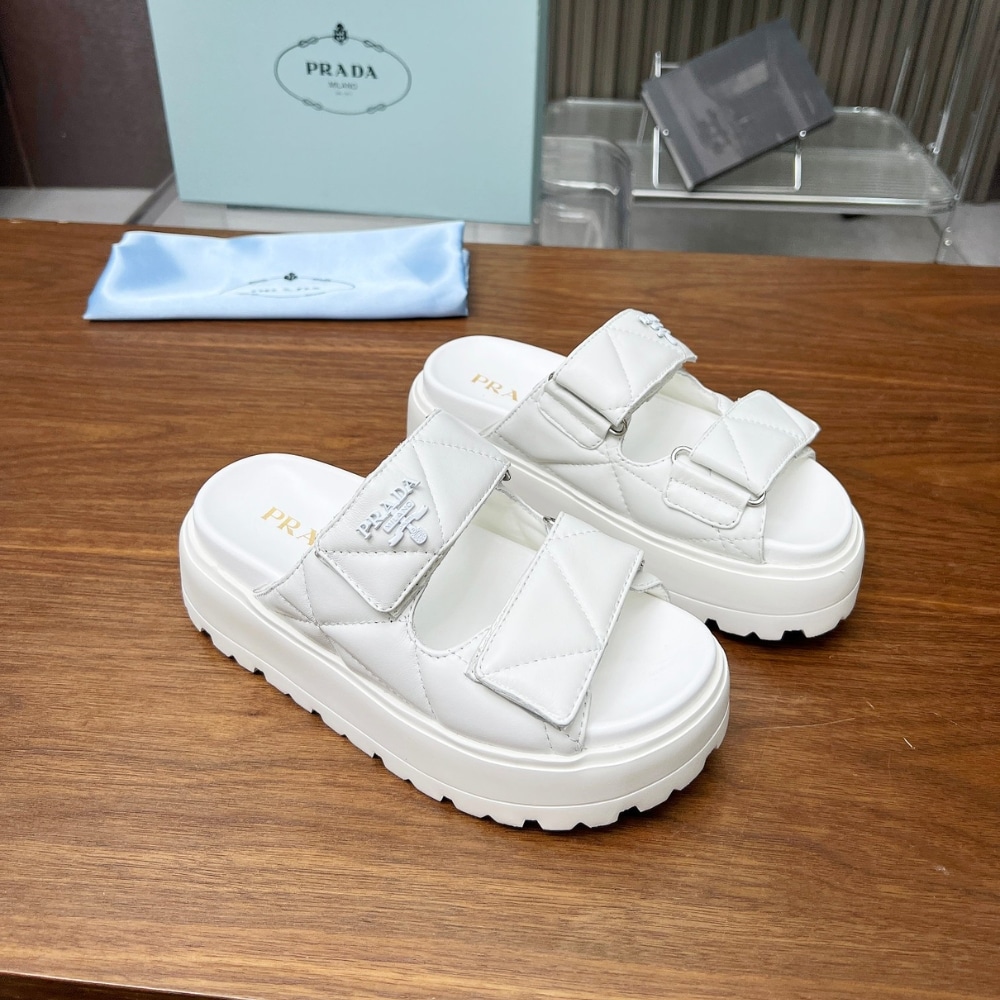 Prada Quilted Leather Platform Sandals White