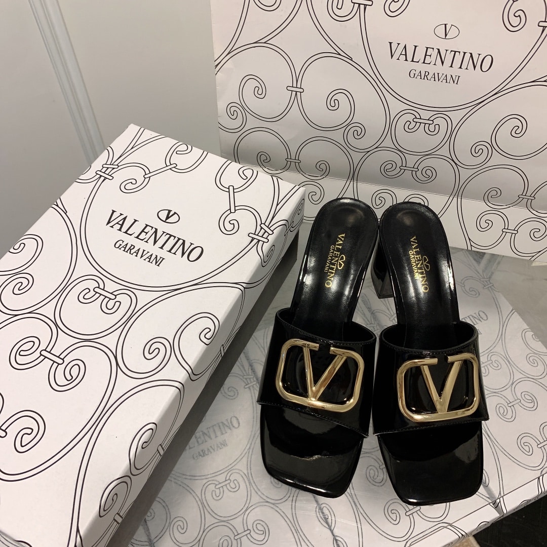 Valentino VLogo Signature Square-Toe Mid-Heel Slide Sandals - Black