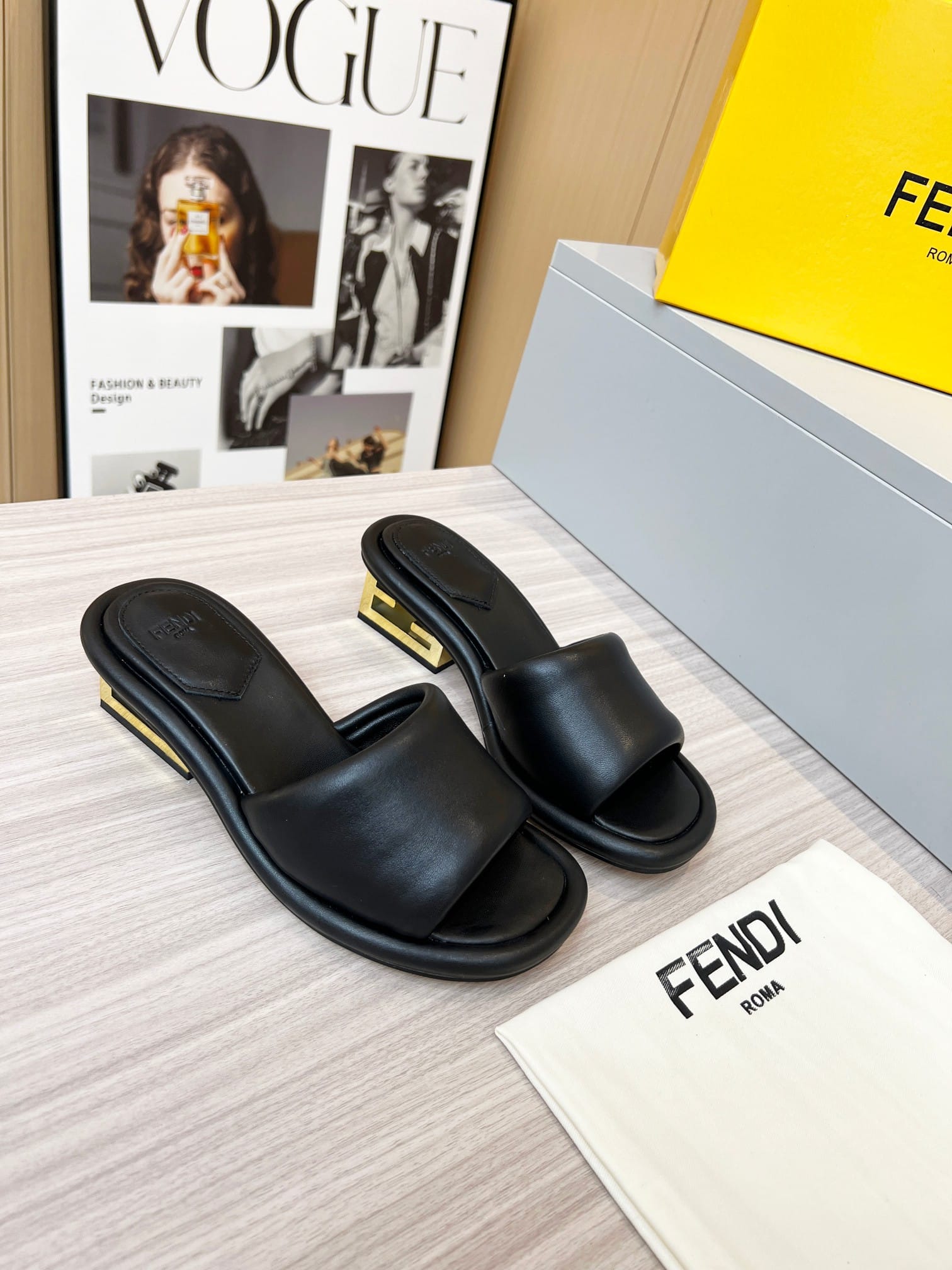 Fendi Cutout Metal Block Heel Padded Leather Sandals Black