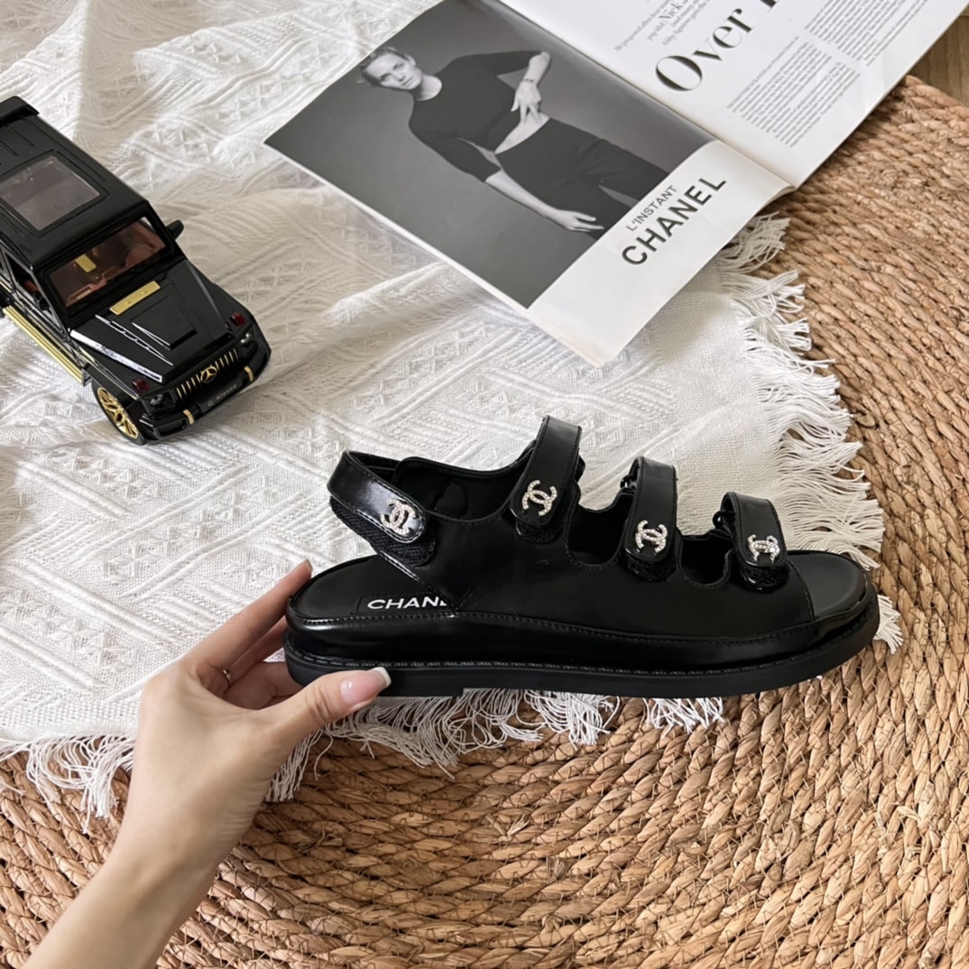 Chanel Triple Velcro Strap Sandals Black G45628 B16403 94305