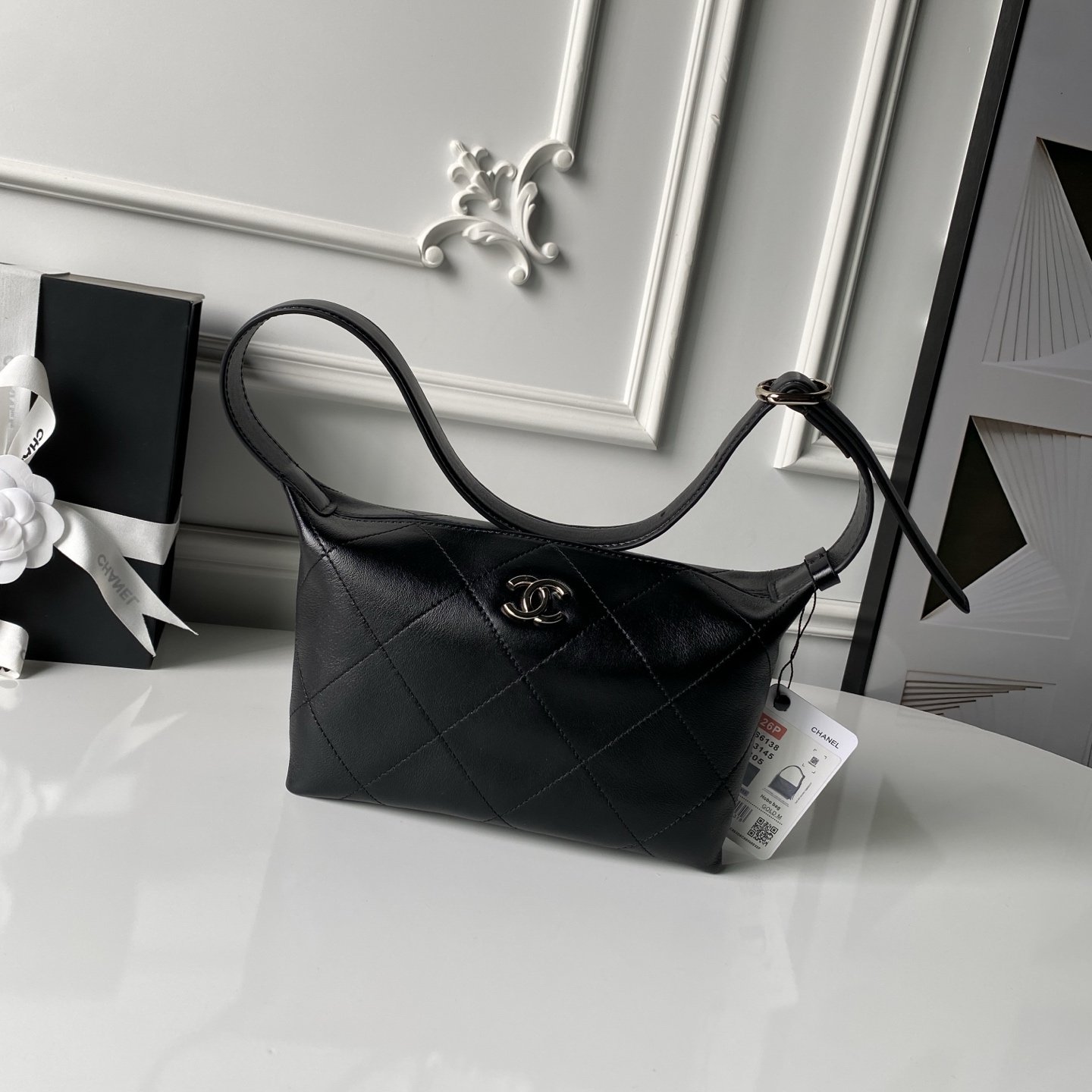26P Hobo Bag in Black Shiny Lambskin with Light Gold-Tone Hardware