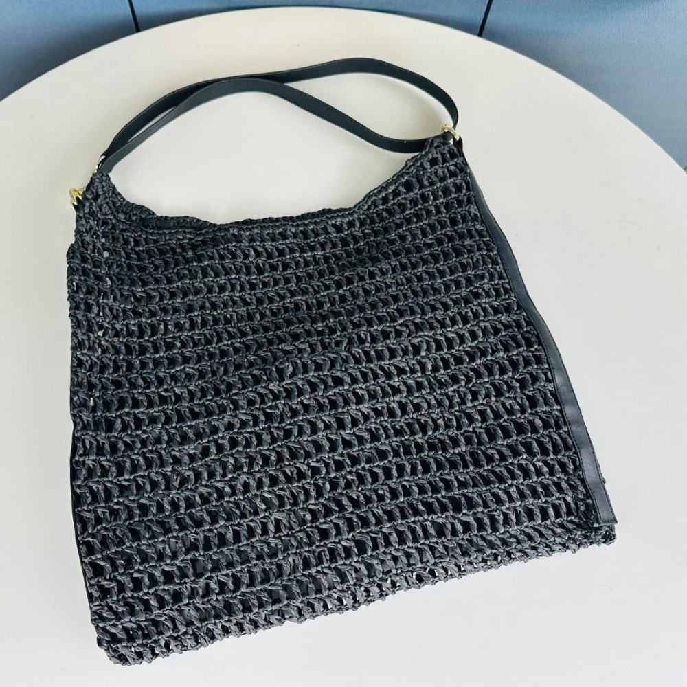 Saint Laurent Oxalis In Raffia Crochet And Leather Black 41Cm 781289Gaaea1000