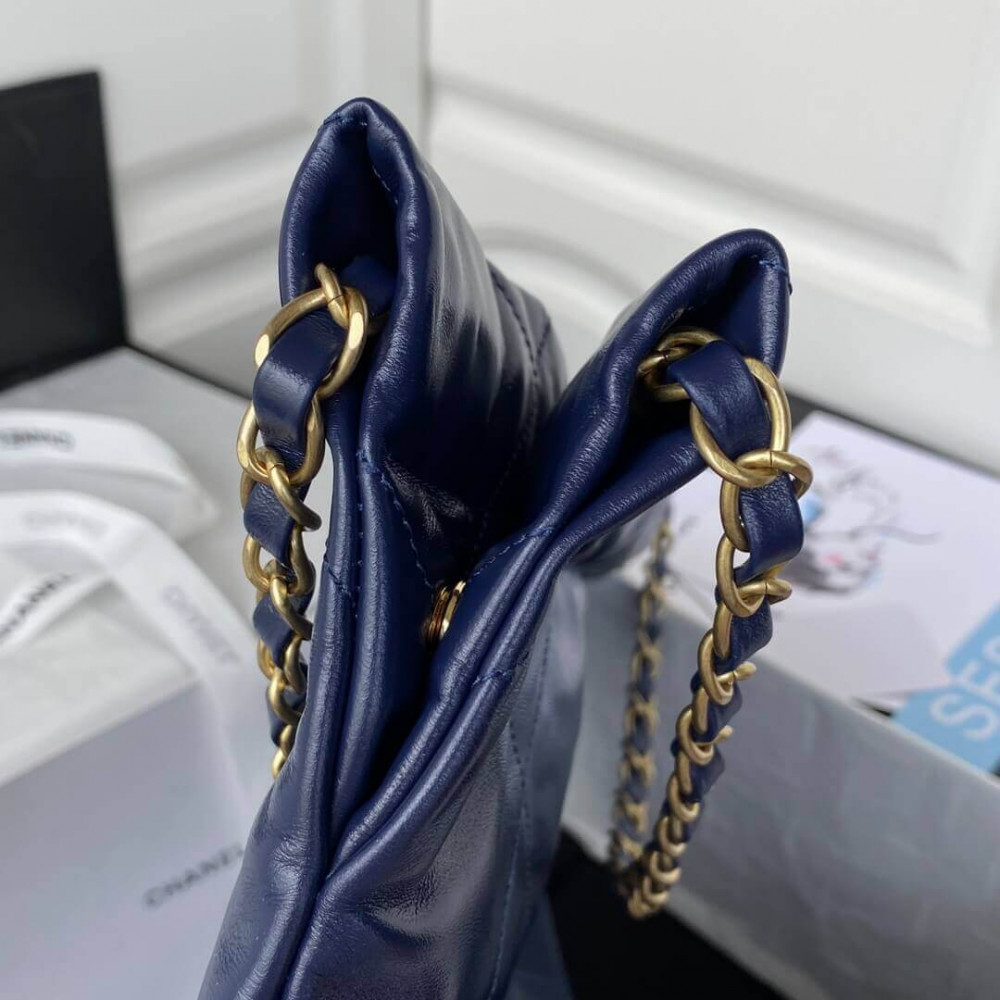 Chanel 22 Small Handbag Shiny Calfskin Blue Gold