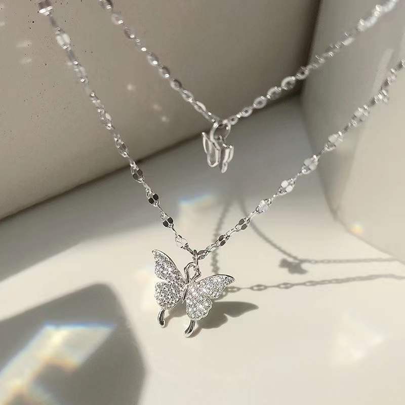 Velira s925 Double Butterfly Pendant Stacked Necklace