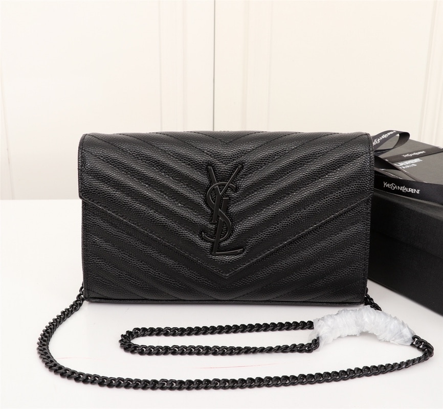 Saint Laurent Cassandre Matelasse Chain Wallet In Grain De Poudre Embossed Black Noir 22Cm