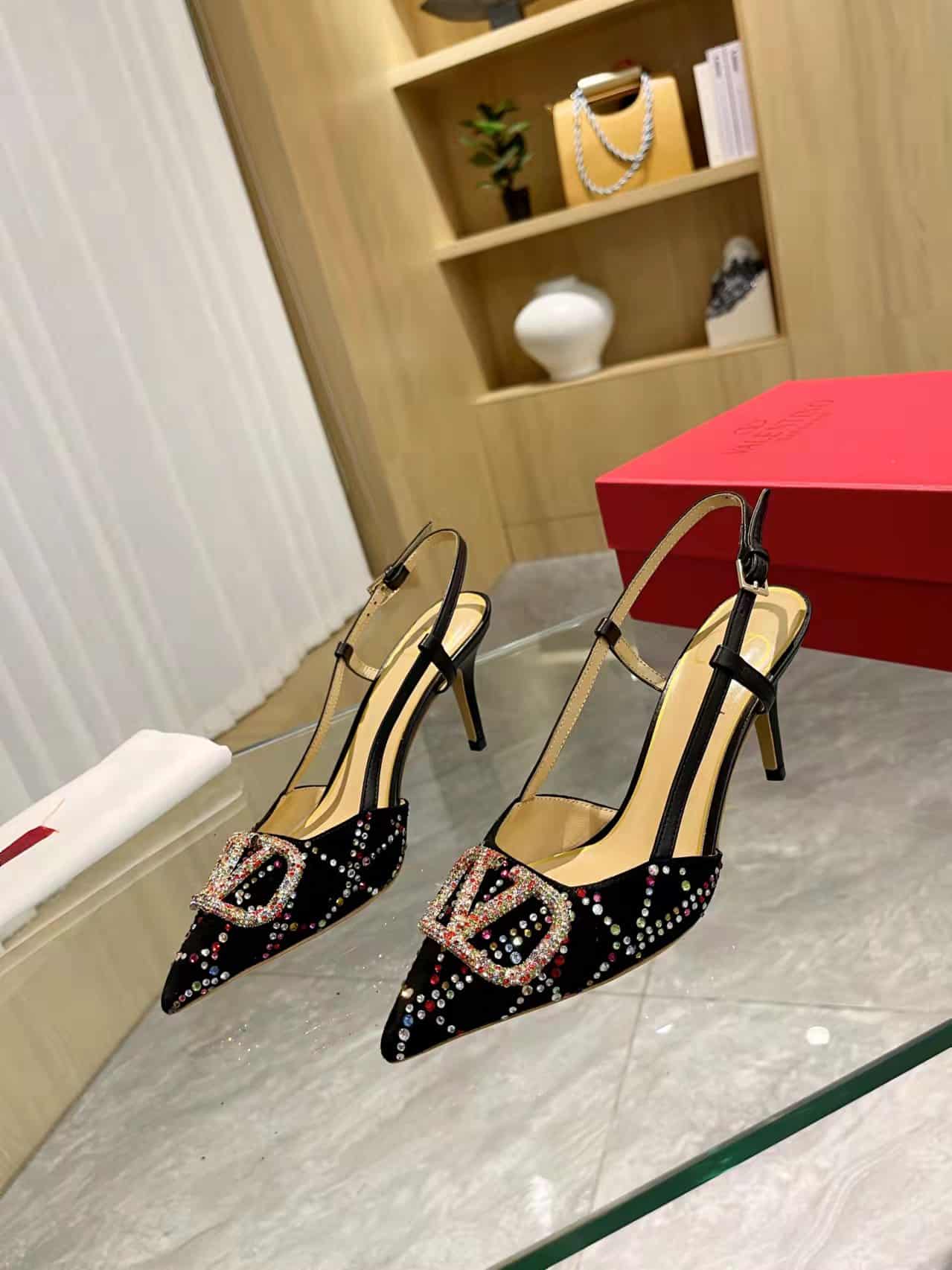 Valentino VLogo Signature Back Strap Crystal High Heels Black