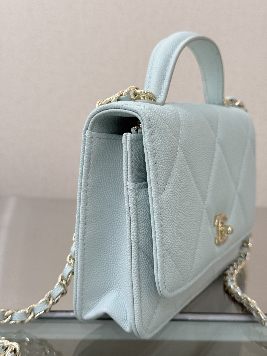 Wallet on Chain with Top Handle (AP3984) in Light Blue Caviar Leather with Gold-Tone Hardware, 25C Cruise Collection