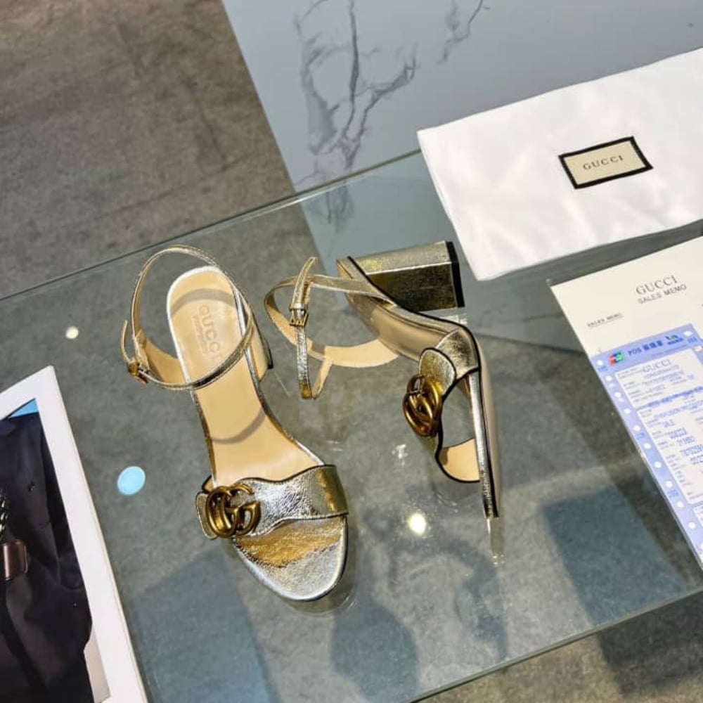 Gucci Metallic Laminate Mid Heel Sandal Gold 453379 Dkt00 7100