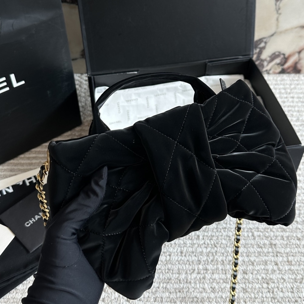 Chanel Bow Bag Velvet Effect Nylon And Gold Tone Metal Black 35Cm As5851 B22154 94305