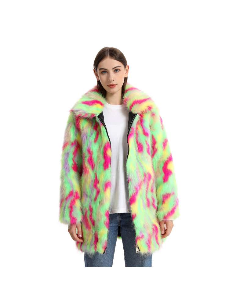 Colorblock Fluff Lapel Zipper Long Faux Fur