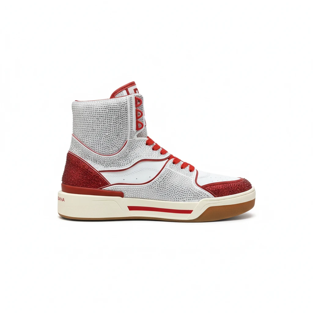 DOLCE & GABBANA Calfskin New Roma high-top sneakers with fusible rhinestones