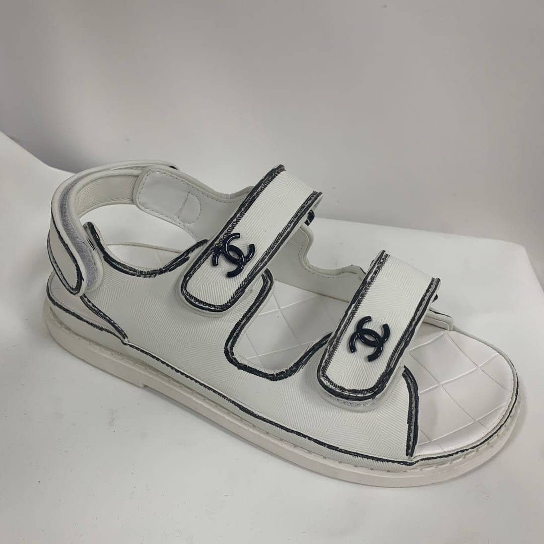 Chanel Calfskin Printed Velcro Dad Sandals White Black
