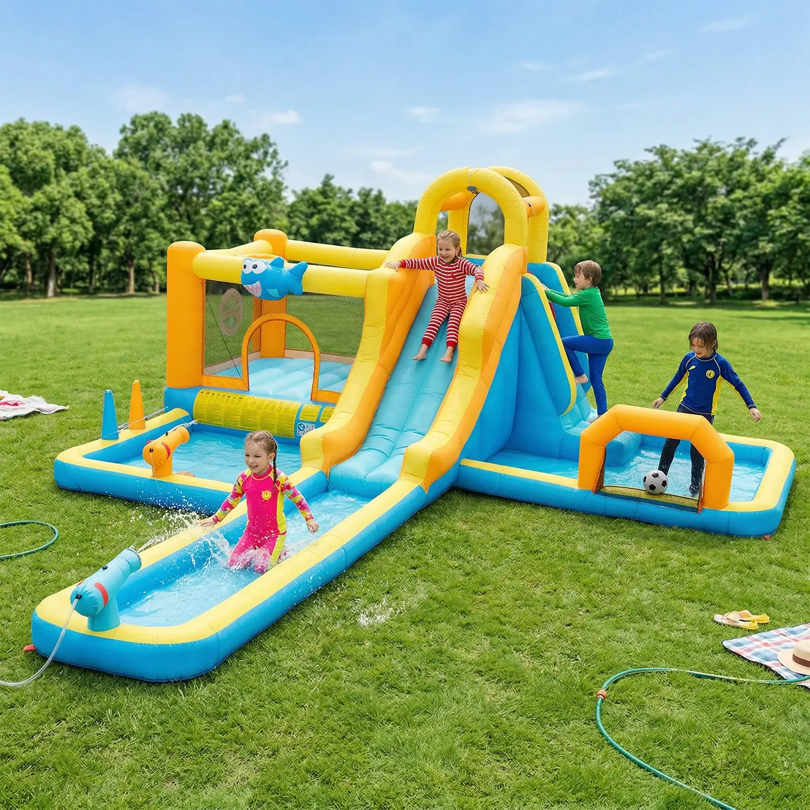 🔥Summer Deal🔥 Inflatable Water Slide Park with Splash Pool & Water Cannons
