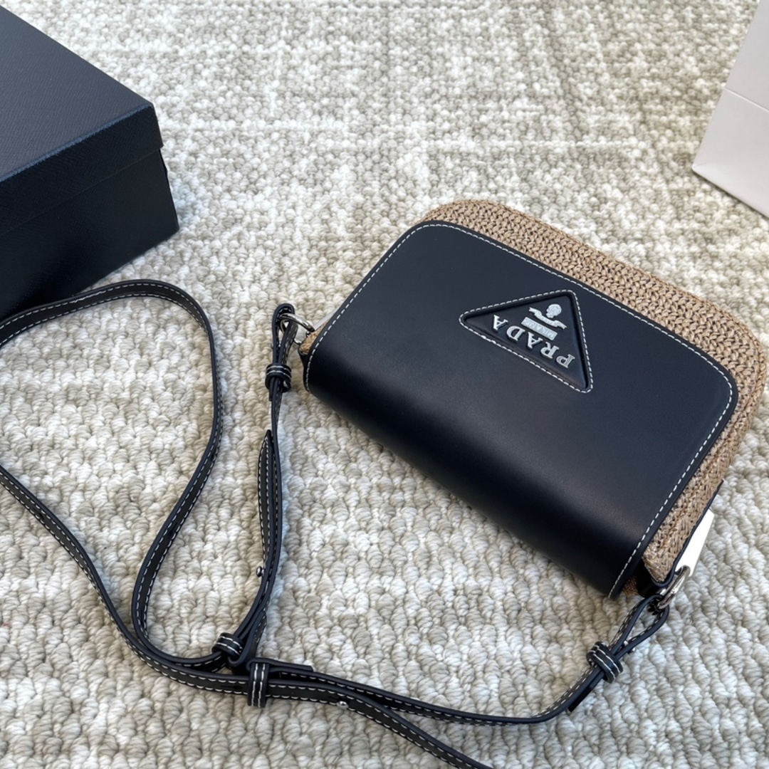Prada Raffia And Leather Crossbody Bag Naturale Black 20Cm