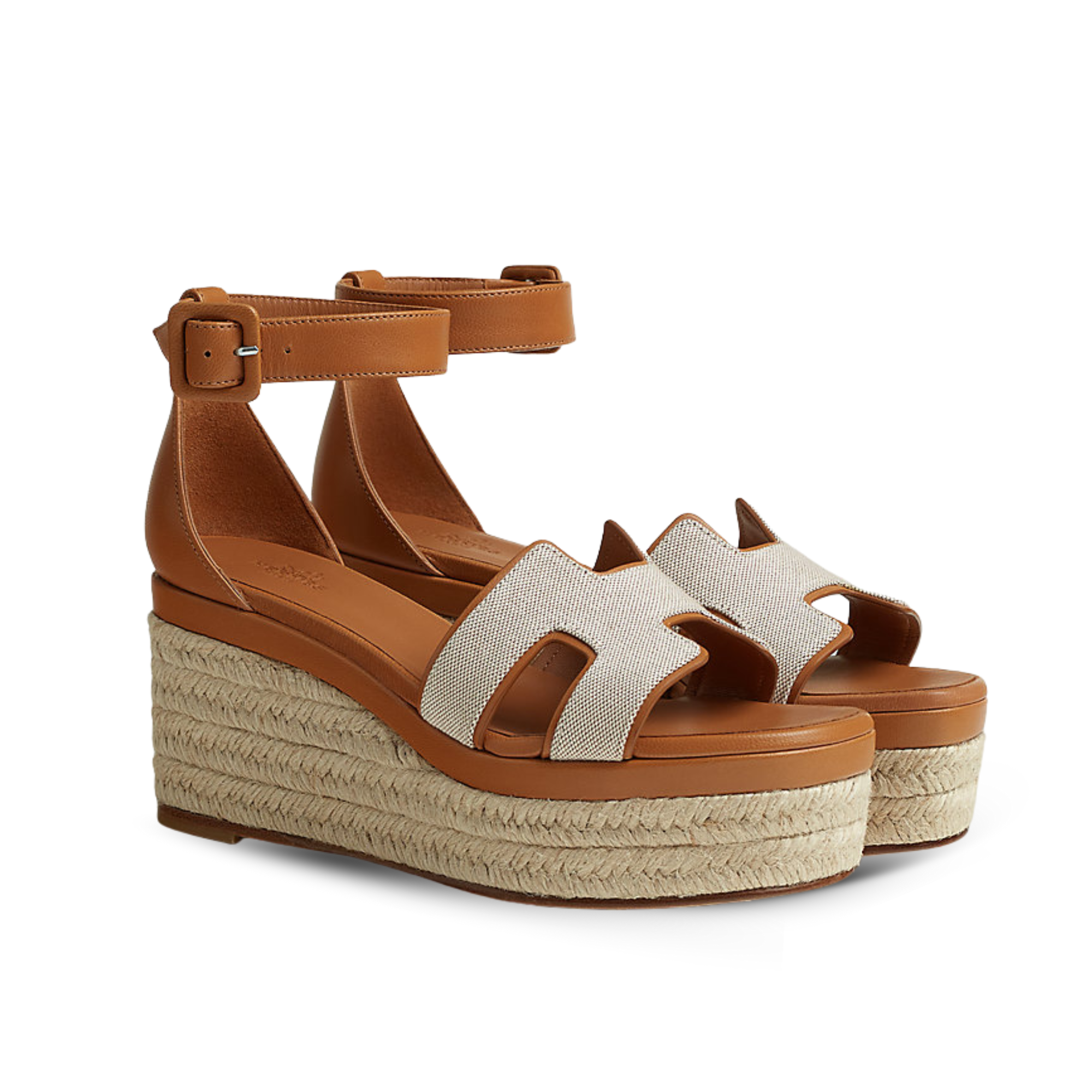 Hermès Elda Espadrille in White Fabric and Bronze Brown Calfskin