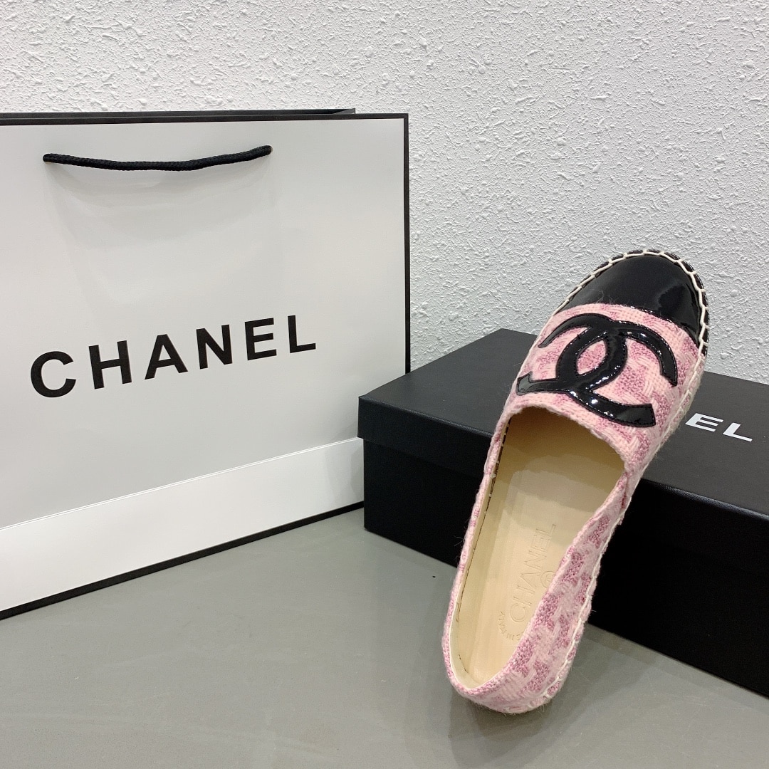 Chanel Tweed Patent Cc Espadrilles Slip On Pink Black