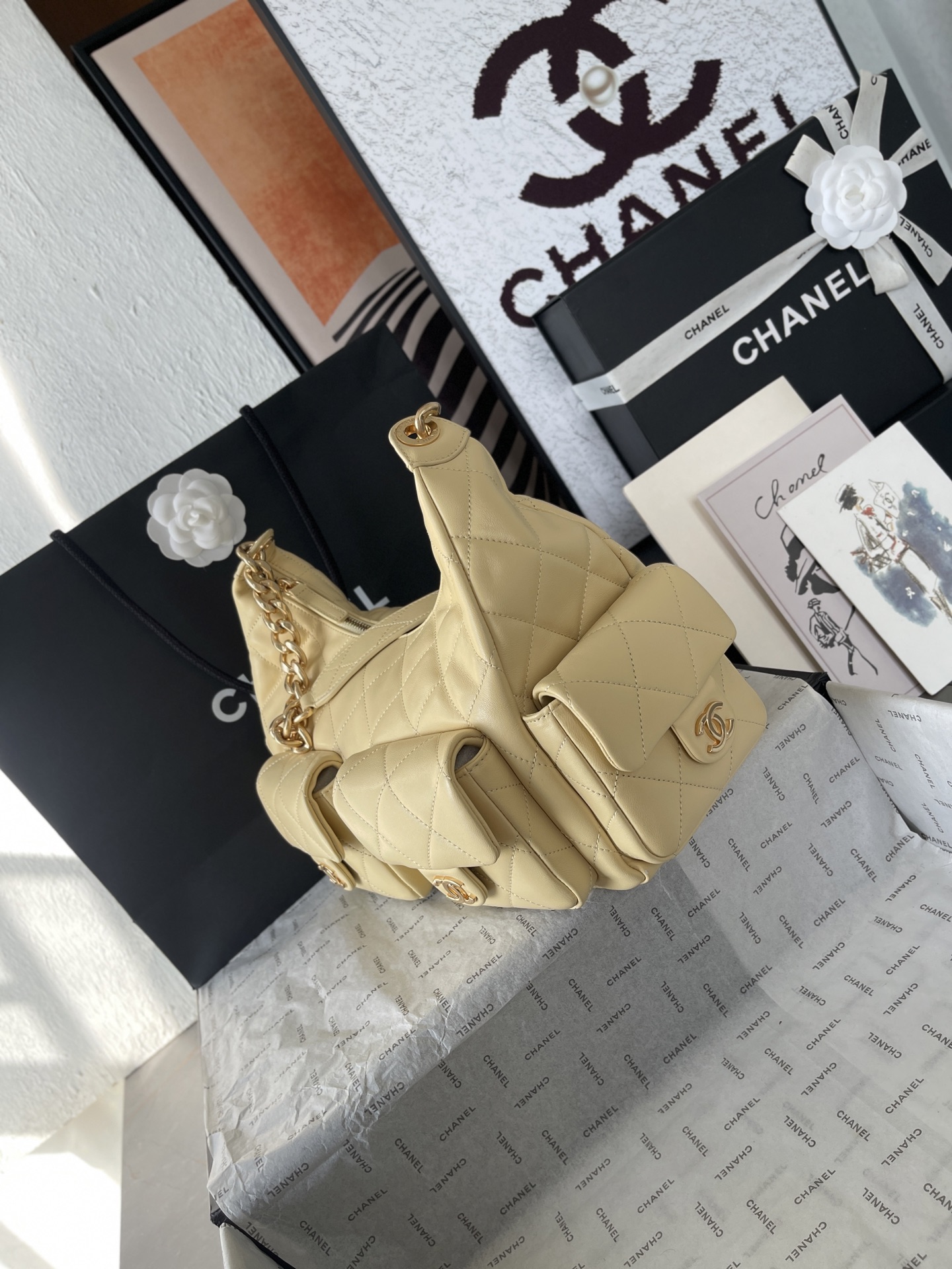 25C Multi-Pocket Hobo Bag in Cream Yellow Quilted Lambskin with Gold-Tone Hardware
