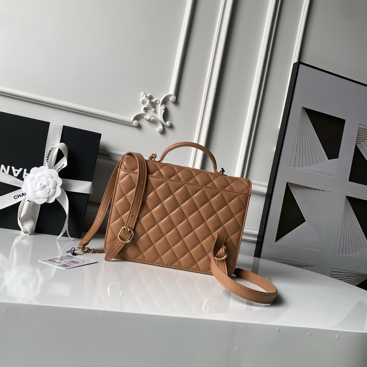 Top Handle Flap Messenger Backpack in Caramel Quilted Lambskin with Light Gold-Tone Hardware